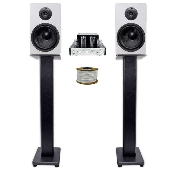 Rockville BluTube Tube Amplifier+(2) 6.5" White Bookshelf Speakers+28" Stands + Rockville BLUE 14G50 OFC 14 Gauge 50 Foot 100% Copper Speaker Wire