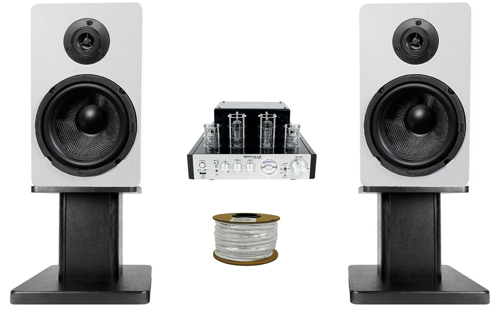 Rockville BluTube Tube Amplifier+(2) 6.5" White Bookshelf Speakers + 8" Stands + Rockville BLUE 14G50 OFC 14 Gauge 50 Foot 100% Copper Speaker Wire
