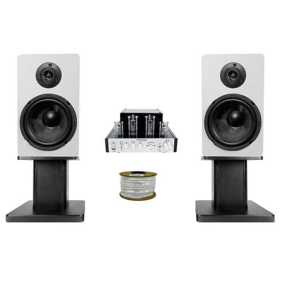 Rockville BluTube Tube Amplifier+(2) 6.5" White Bookshelf Speakers + 8" Stands + Rockville BLUE 14G50 OFC 14 Gauge 50 Foot 100% Copper Speaker Wire