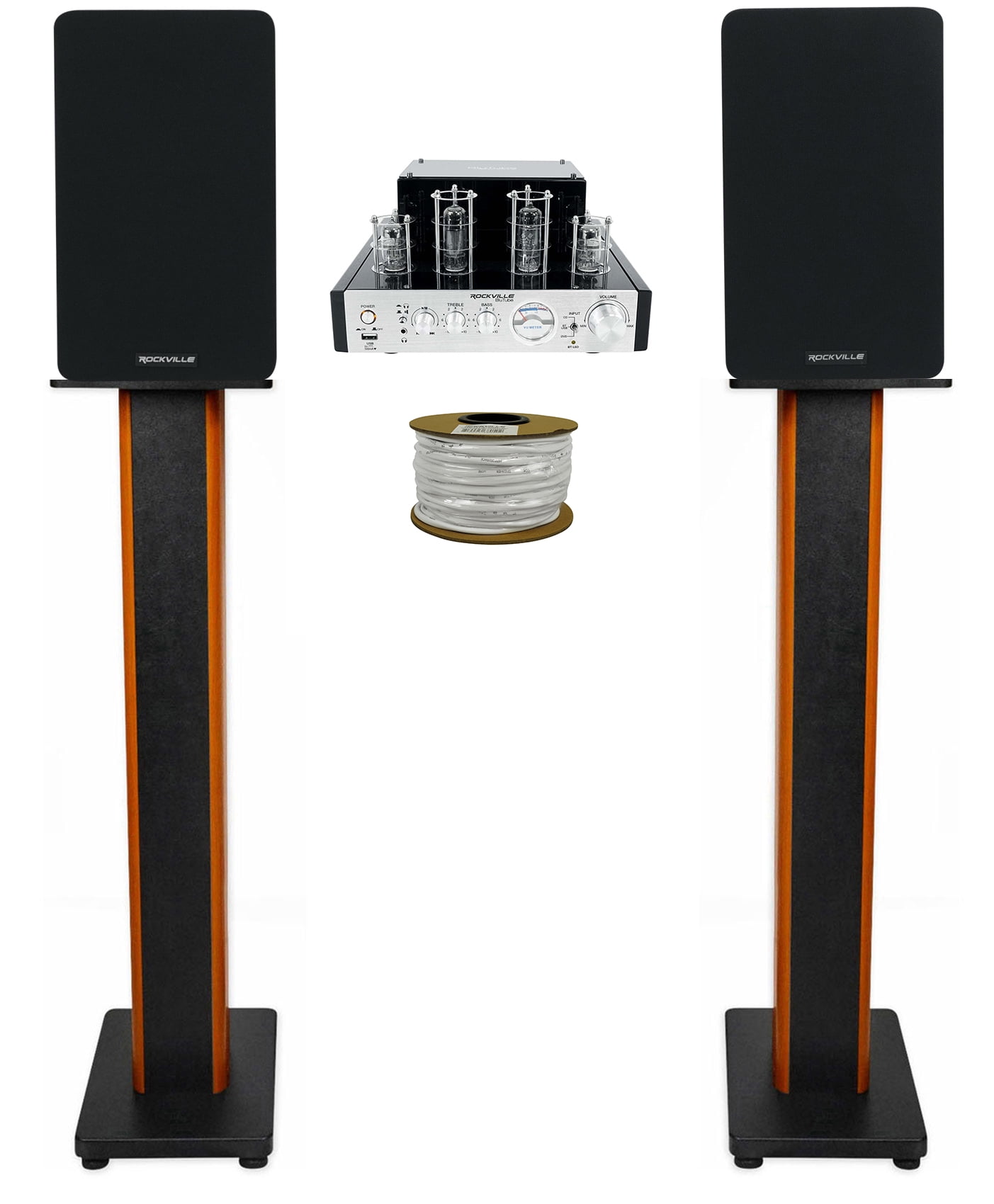 Rockville BluTube Tube Amplifier+5.25" Black Bookshelf Speakers+36" Wood Stands