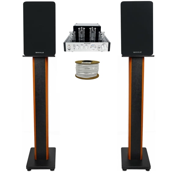 Rockville BluTube Tube Amplifier+5.25" Black Bookshelf Speakers+36" Wood Stands
