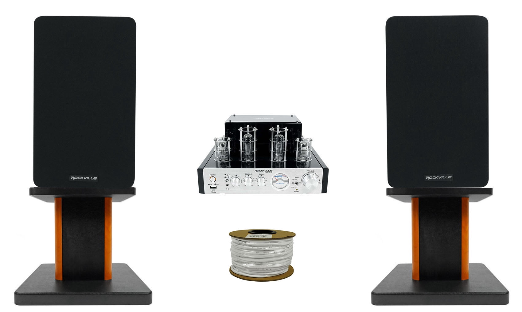 Rockville BluTube Tube Amplifier+5.25" Black Bookshelf Speakers+8" Wood Stands