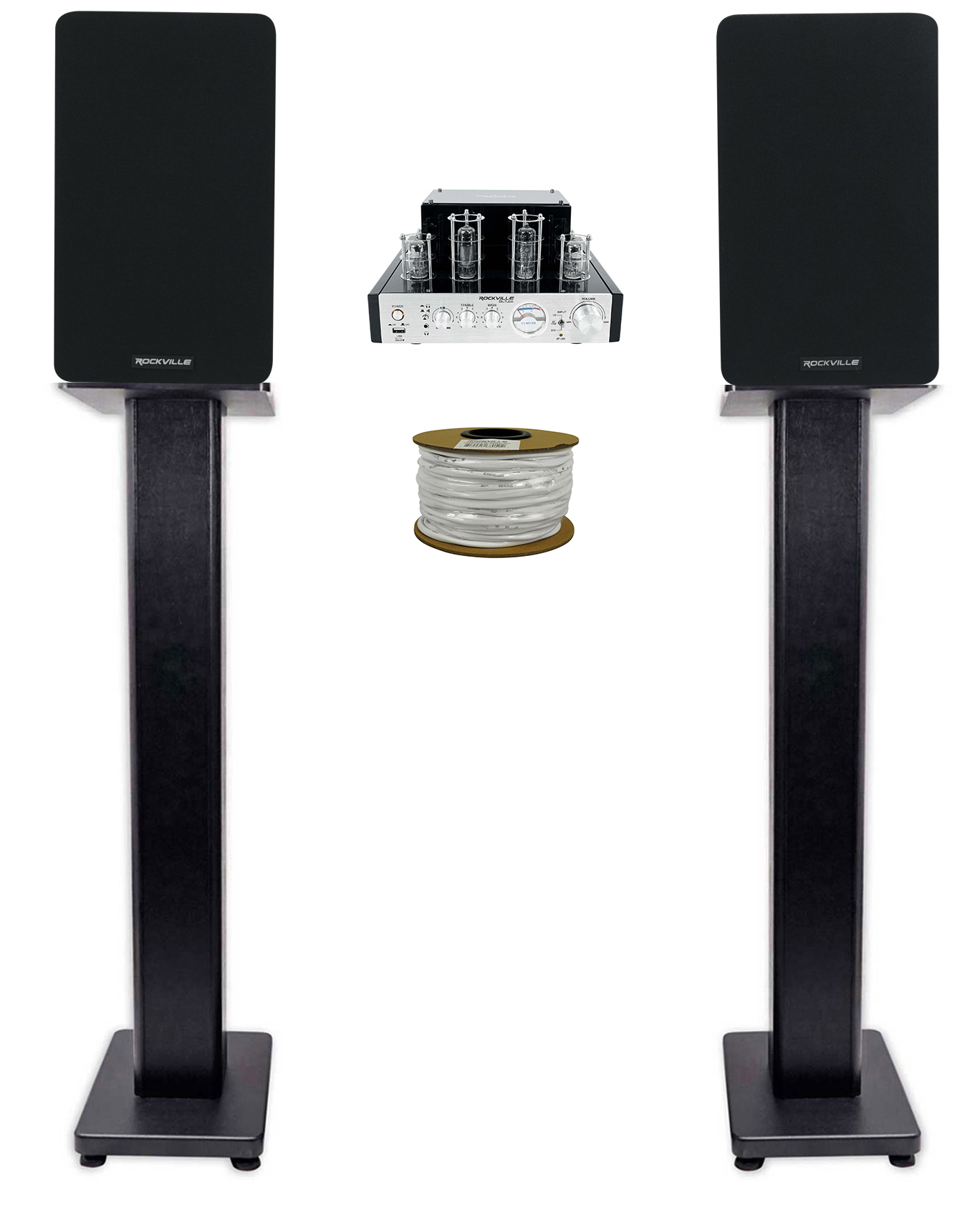 Rockville BluTube Tube Amplifier+5.25" Black Bookshelf Speakers+Black 28" Stands