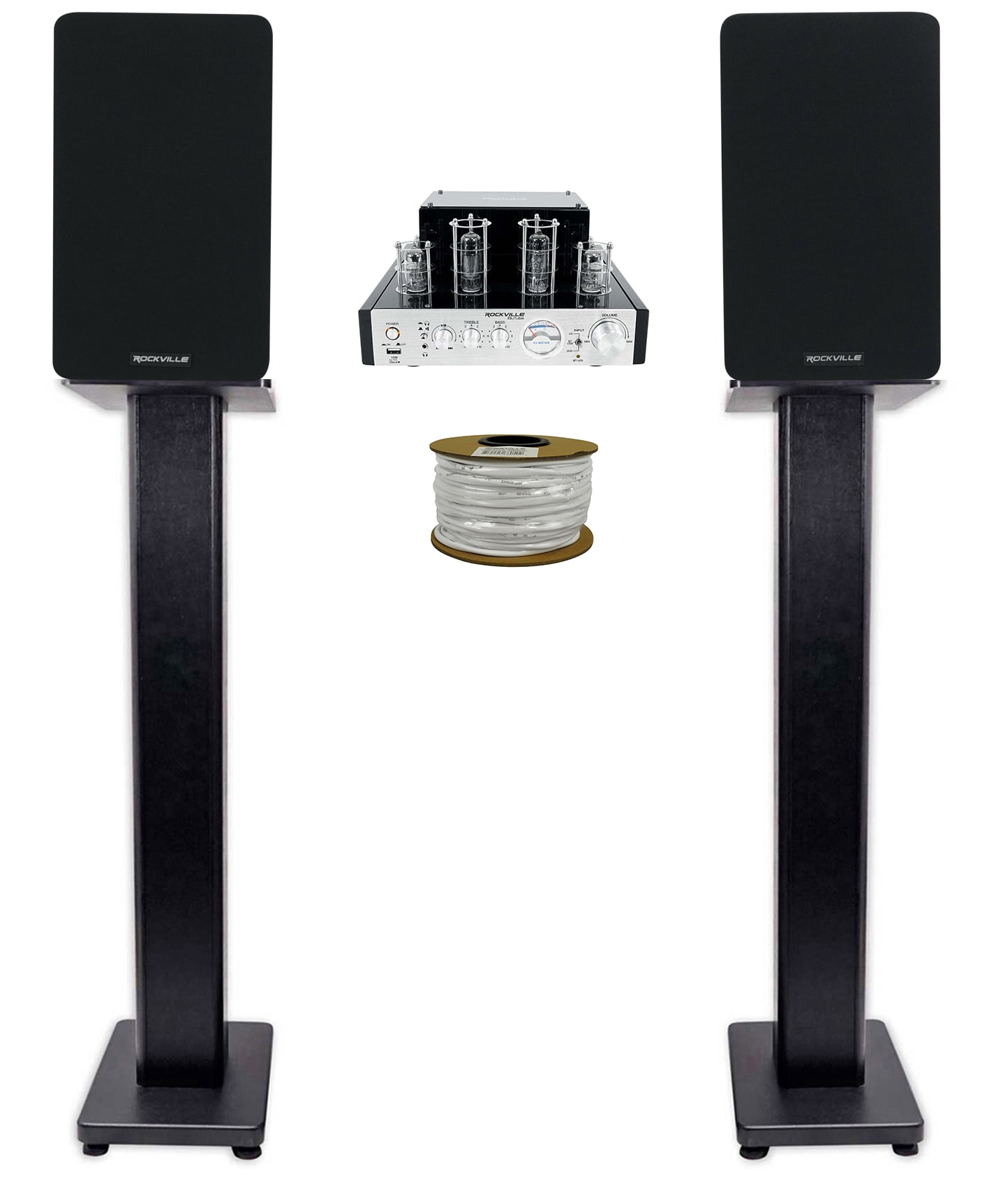 Rockville BluTube Tube Amplifier+5.25" Black Bookshelf Speakers+Black 36" Stands