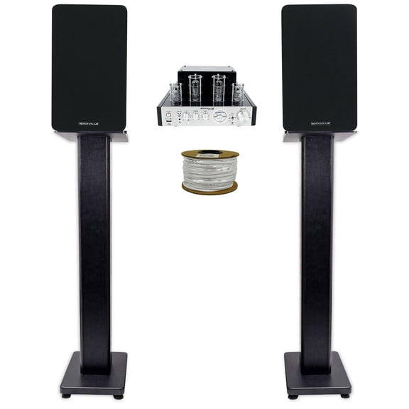 Rockville BluTube Tube Amplifier+5.25" Black Bookshelf Speakers+Black 36" Stands