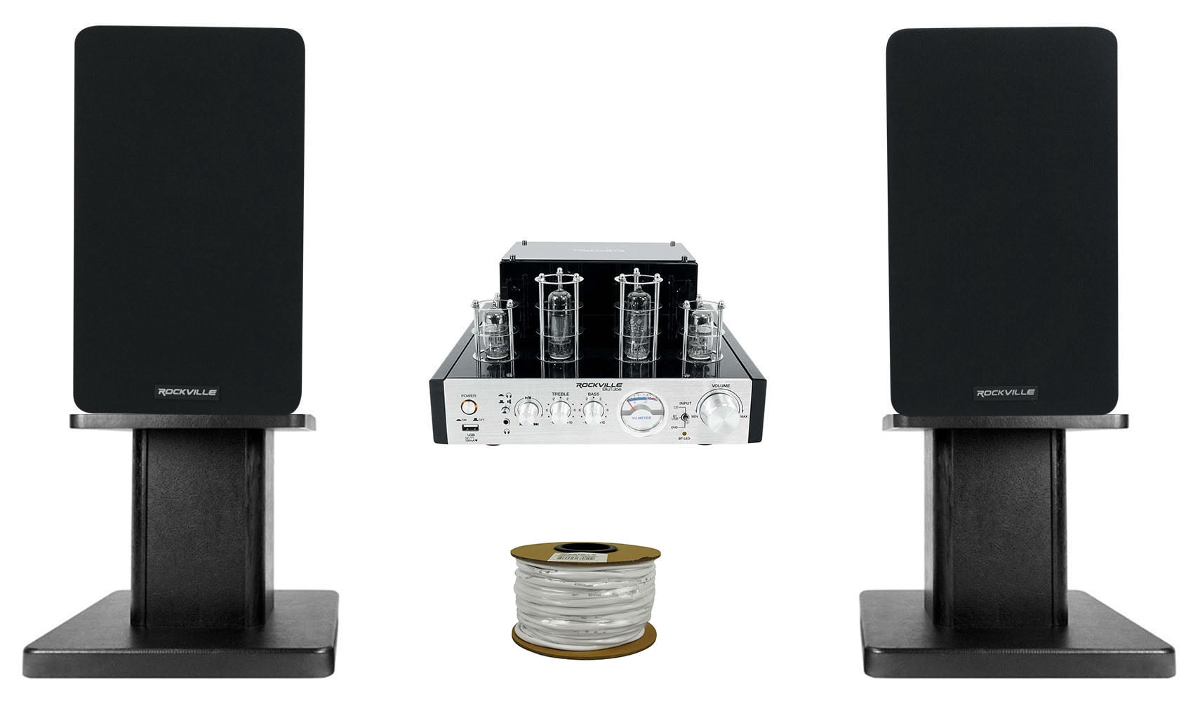 Rockville BluTube Tube Amplifier+5.25" Black Bookshelf Speakers+Black 8" Stands