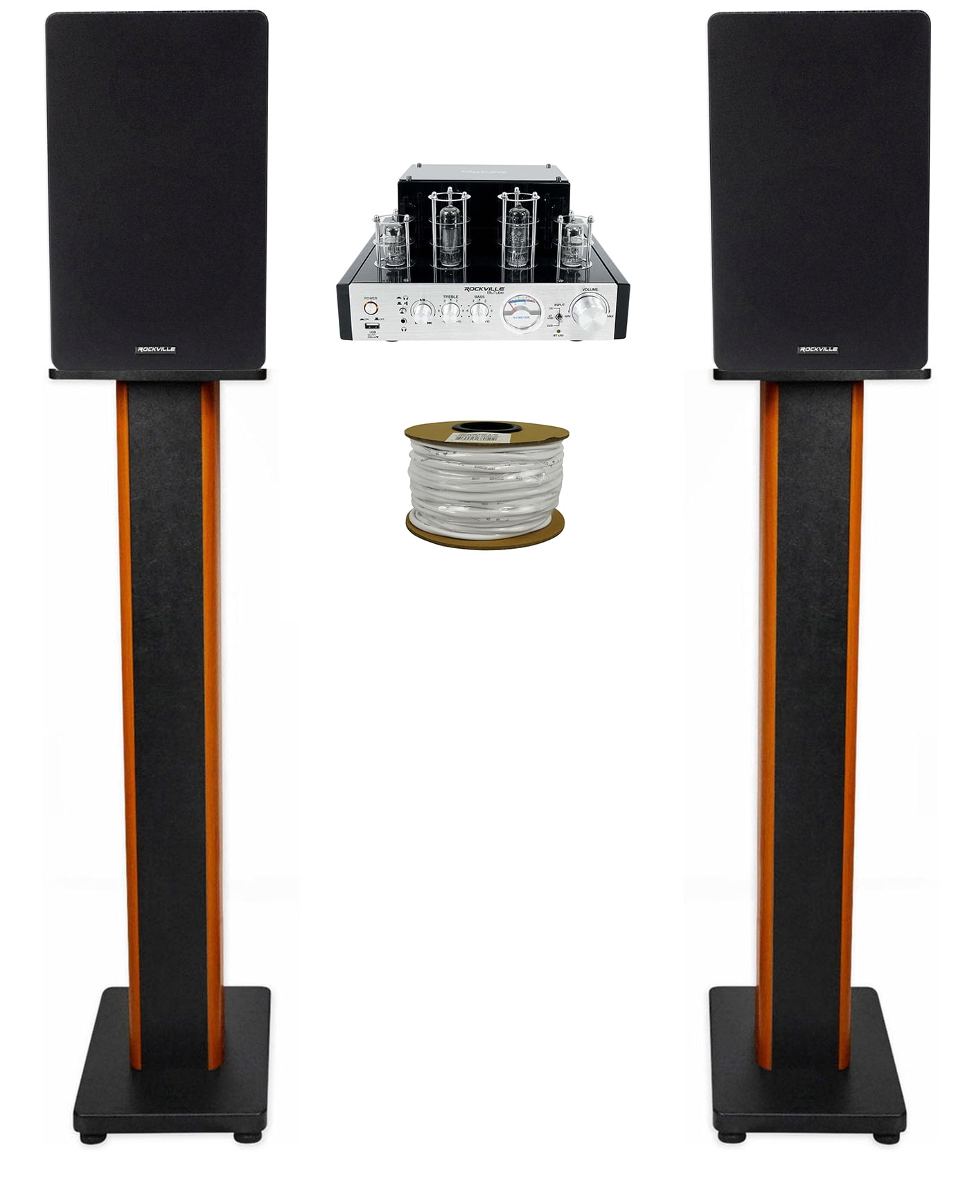 Rockville BluTube Tube Amplifier+6.5" Black Bookshelf Speakers+36" Wood Stands + Rockville BLUE 14G50 OFC 14 Gauge 50 Foot 100% Copper Speaker Wire