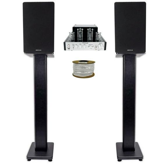 Rockville BluTube Tube Amplifier+6.5" Black Bookshelf Speakers+Black 28" Stands + Rockville BLUE 14G50 OFC 14 Gauge 50 Foot 100% Copper Speaker Wire
