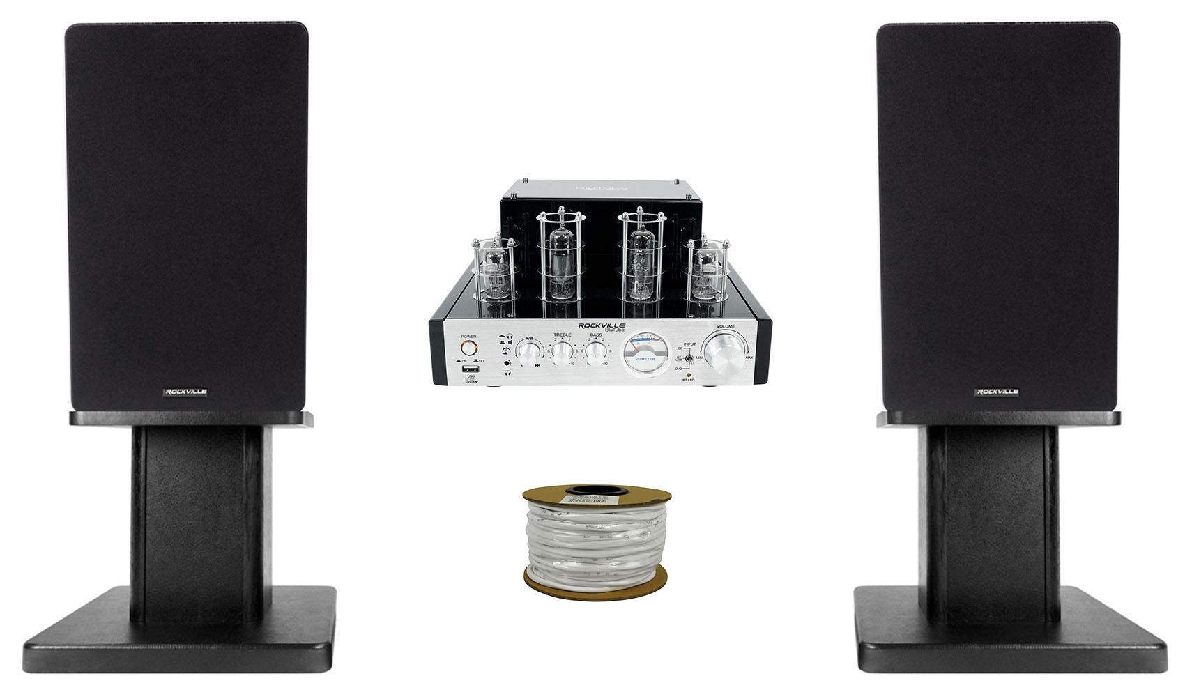 Rockville BluTube Tube Amplifier+6.5" Black Bookshelf Speakers+Black 8" Stands + Rockville BLUE 14G50 OFC 14 Gauge 50 Foot 100% Copper Speaker Wire