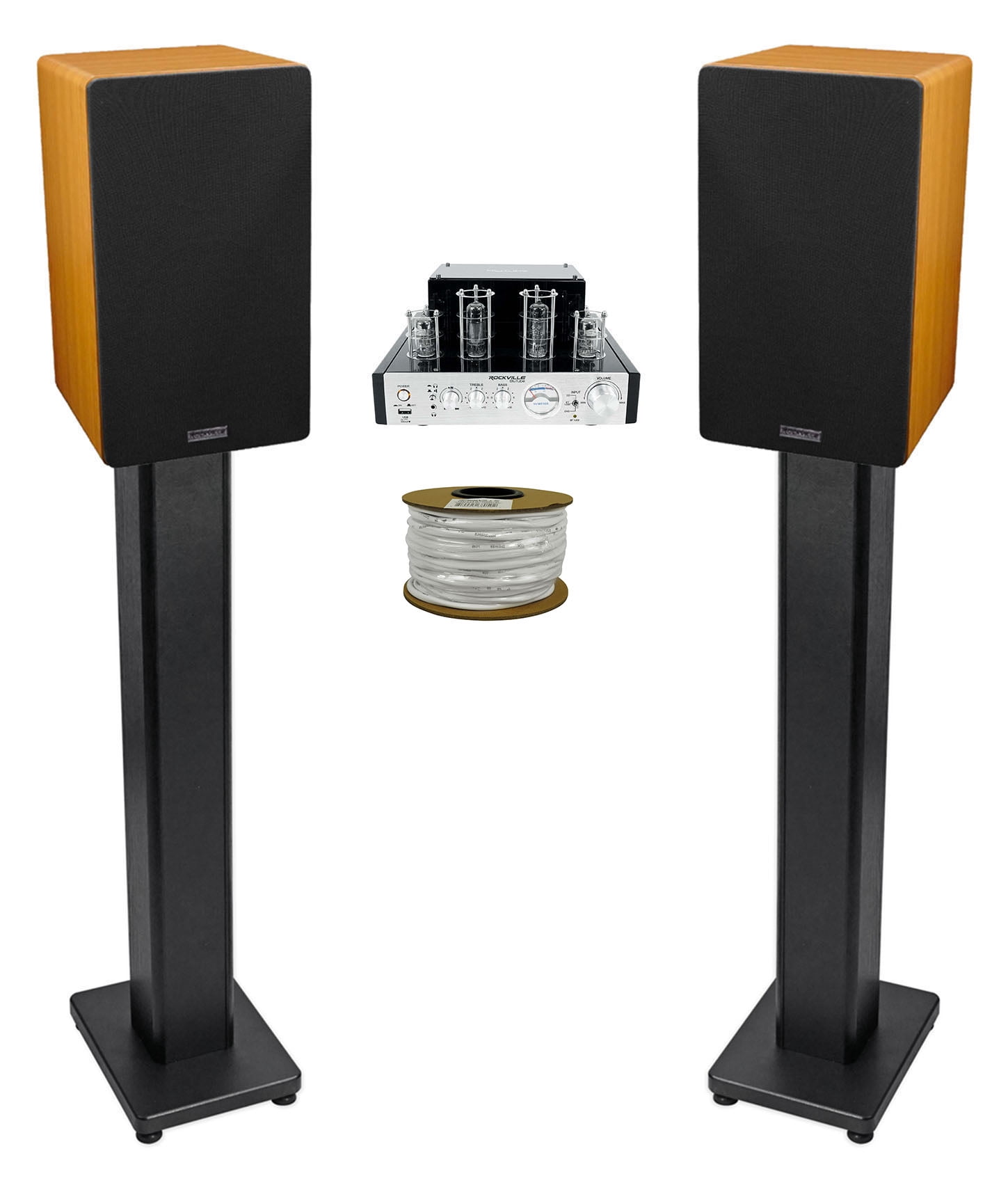 Rockville BluTube Tube Amplifier+6.5" Wood Bookshelf Speakers+36" Wood Stands + Rockville BLUE 14G50 OFC 14 Gauge 50 Foot 100% Copper Speaker Wire