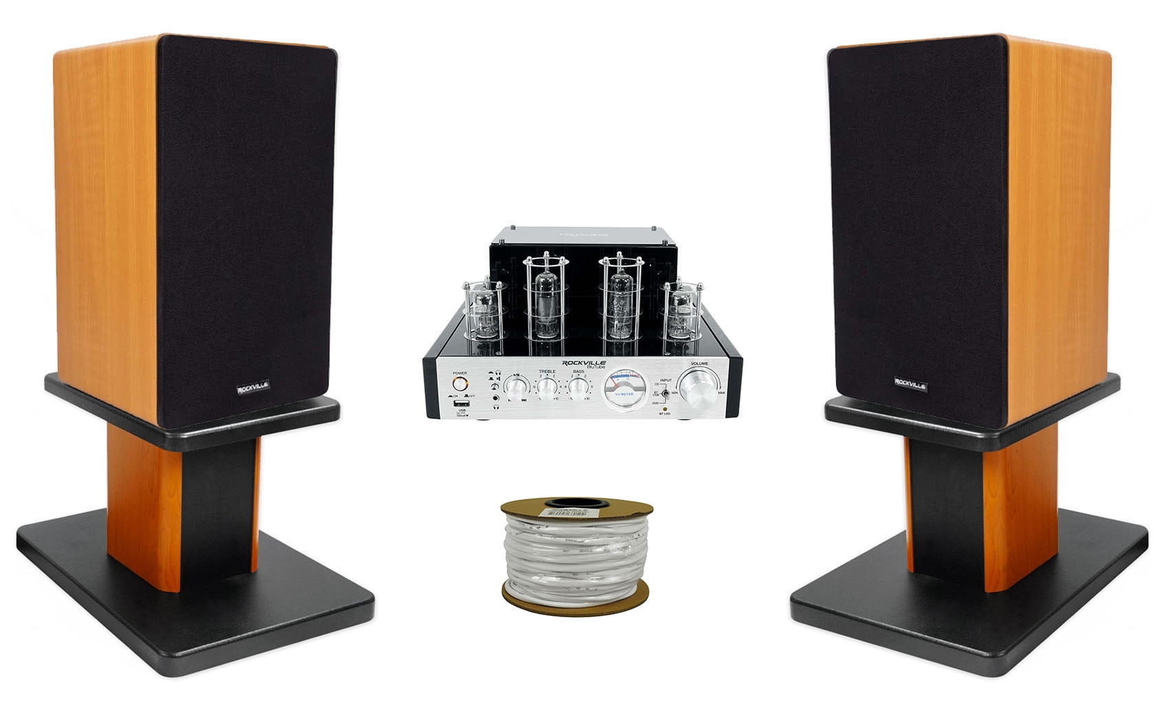 Rockville BluTube Tube Amplifier+6.5" Wood Bookshelf Speakers+8" Wood Stands + Rockville BLUE 14G50 OFC 14 Gauge 50 Foot 100% Copper Speaker Wire