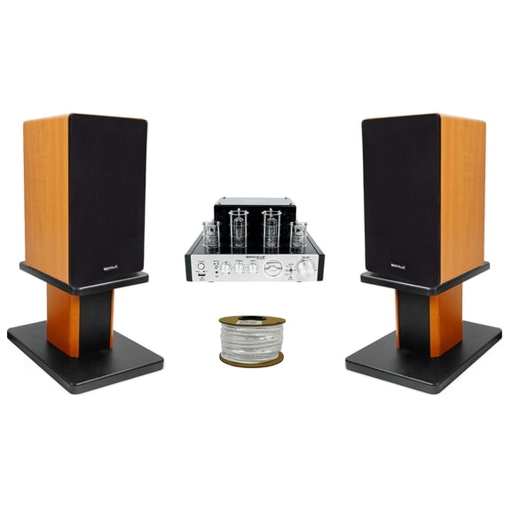 Rockville BluTube Tube Amplifier+6.5" Wood Bookshelf Speakers+8" Wood Stands + Rockville BLUE 14G50 OFC 14 Gauge 50 Foot 100% Copper Speaker Wire