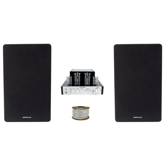 Rockville BluTube Tube Amplifier w/ Bluetooth+(2) 6.5" Black Bookshelf Speakers + Rockville BLUE 14G50 OFC 14 Gauge 50 Foot 100% Copper Speaker Wire