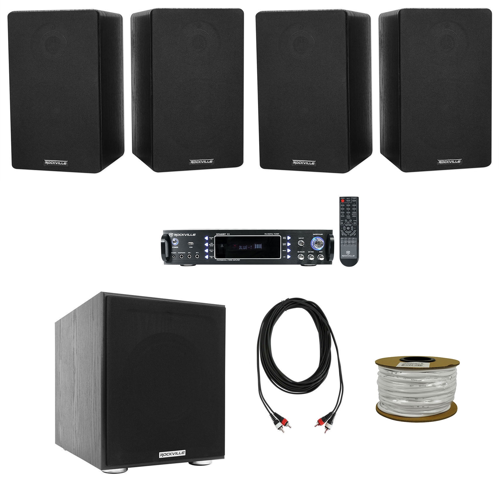 Rockville Bluetooth Home Receiver+(4) 5.25" Bookshelf Speakers+8" Subwoofer Sub + Rockville R14GSBR100 Red/Blk 14 Gauge 100' Ft. Mini Spool Car Audio Speaker Wire