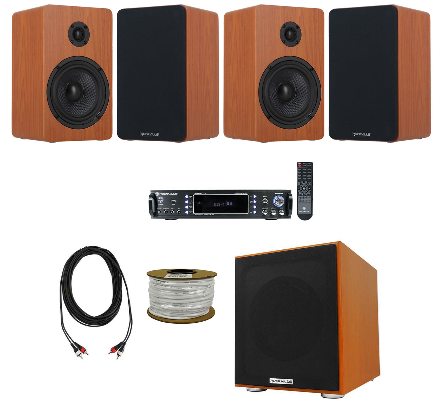 Rockville Bluetooth Home Receiver+(4) 5.25" Wood Bookshelf Speakers+8" Subwoofer + Rockville R14GSBR100 Red/Blk 14 Gauge 100' Ft. Mini Spool Car Audio Speaker Wire