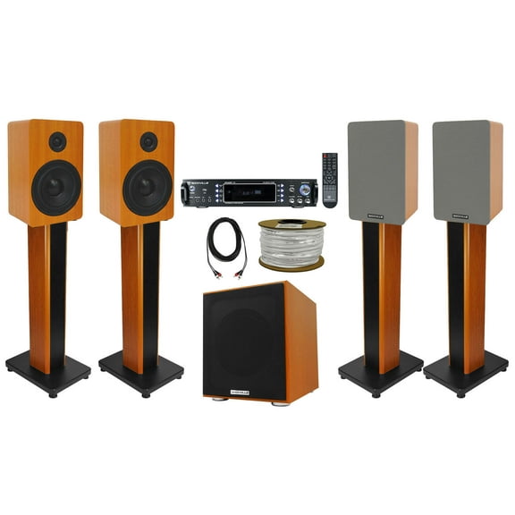 Rockville Bluetooth Home Receiver+(4) 5.25" Wood Bookshelf Speakers+Stands+Sub + Rockville R14GSBR100 Red/Blk 14 Gauge 100' Ft. Mini Spool Car Audio Speaker Wire