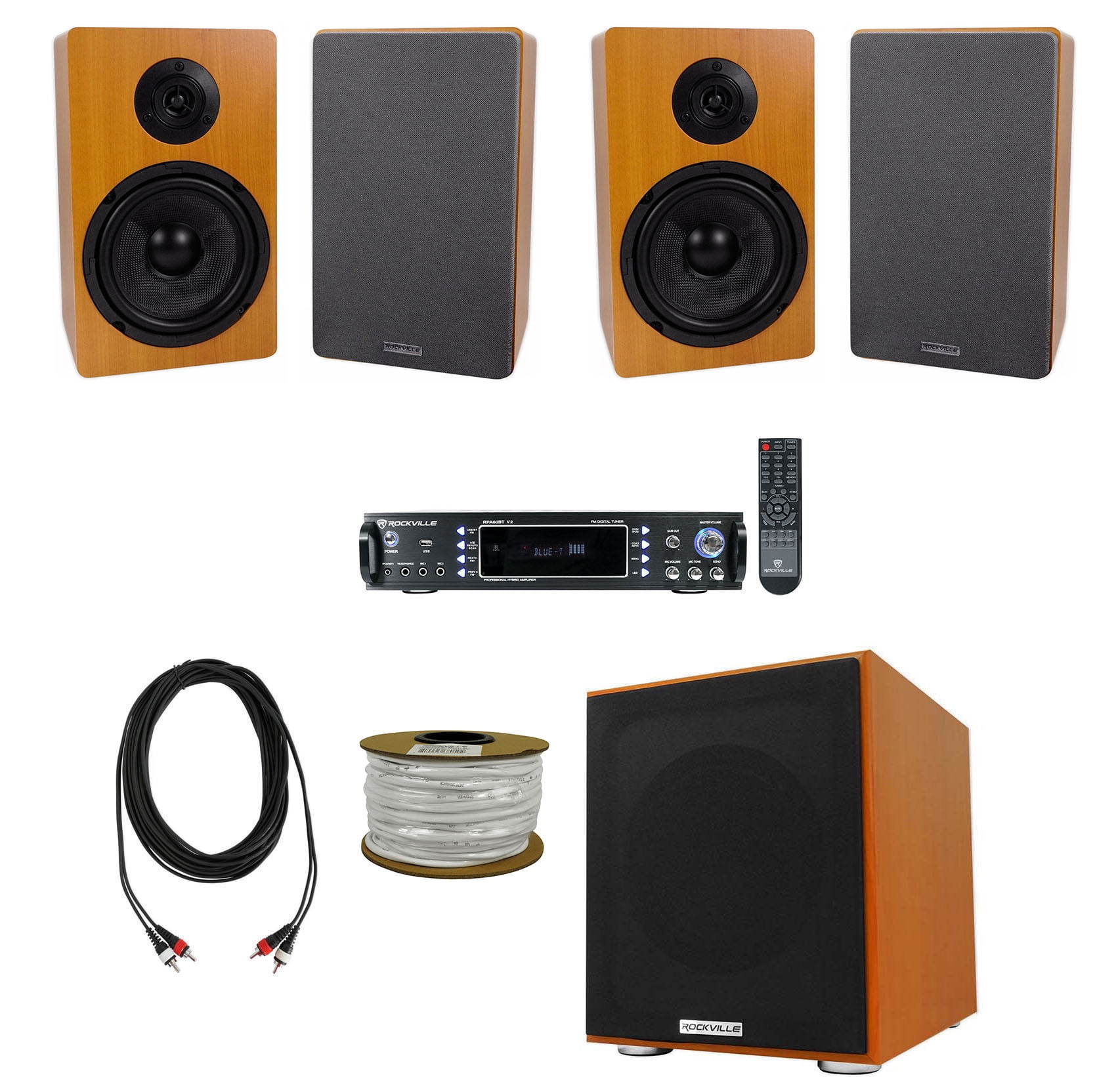 Rockville Bluetooth Home Receiver+(4) 6.5" Wood Bookshelf Speakers+8" Subwoofer + Rockville R14GSBR100 Red/Blk 14 Gauge 100' Ft. Mini Spool Car Audio Speaker Wire