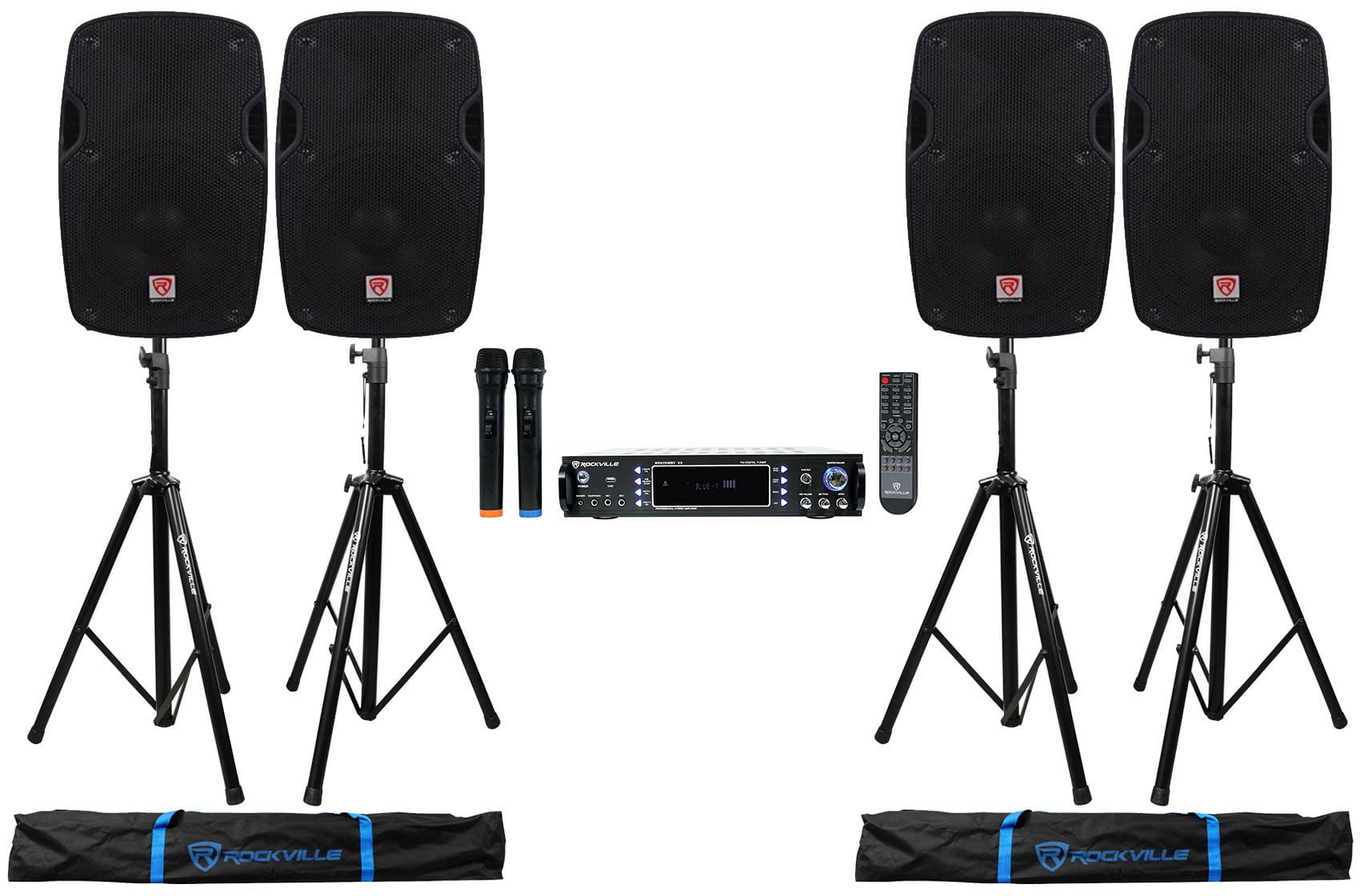 Rockville  Bluetooth Karaoke Amplifier/Mixer(2) Mics+(4) 8" Speakers+Stands