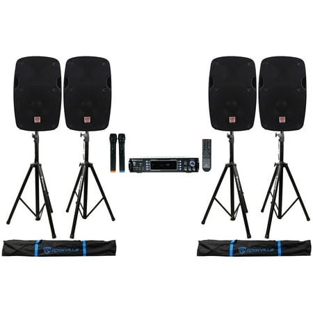 Rockville Bluetooth Karaoke Amplifier/Mixer(2) Mics+(4) 8" Speakers+Stands