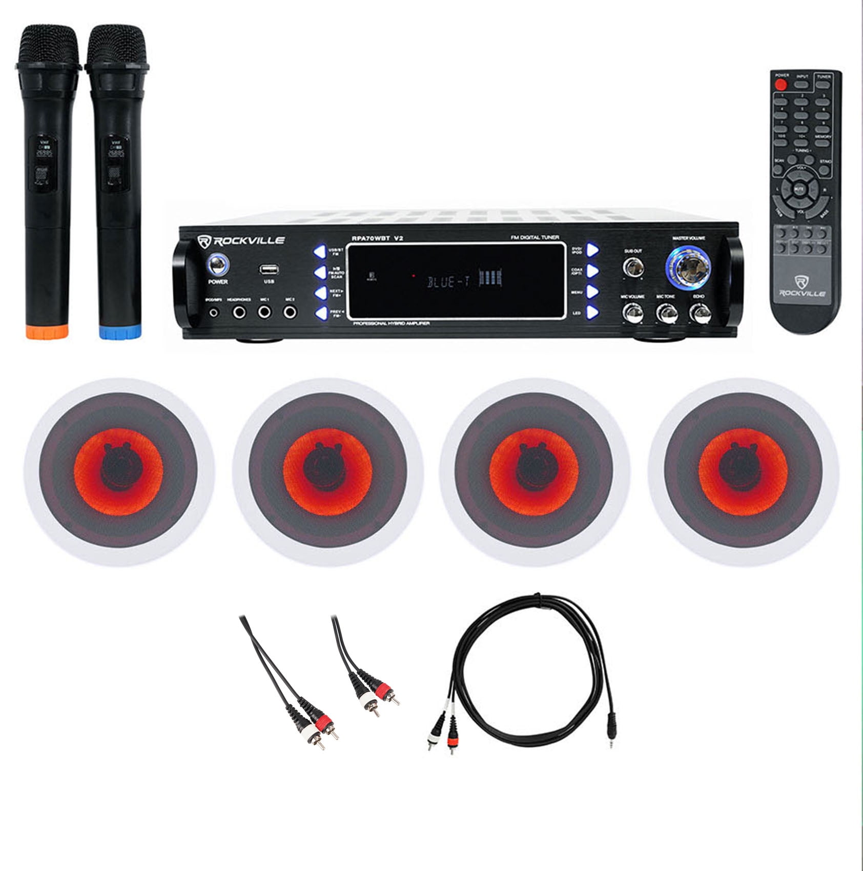 Rockville Bluetooth Karaoke Amplifier Receiver+4) 6.5" LED Ceiling Speakers+Mics