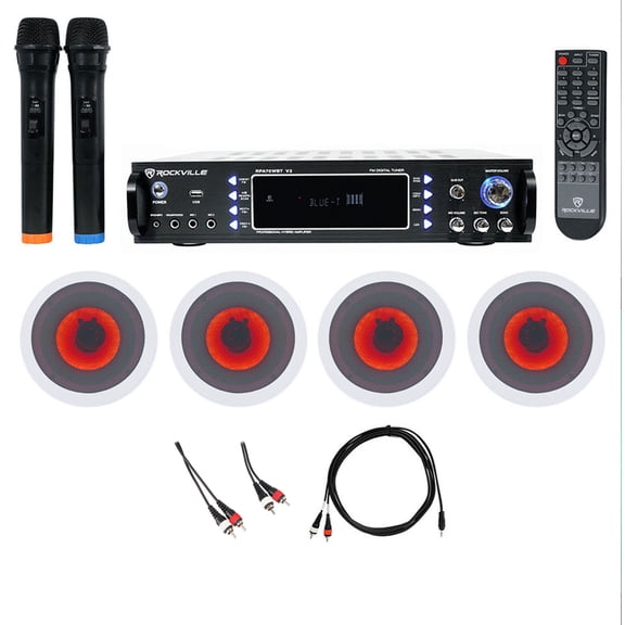 Rockville Bluetooth Karaoke Amplifier Receiver+4) 6.5" LED Ceiling Speakers+Mics