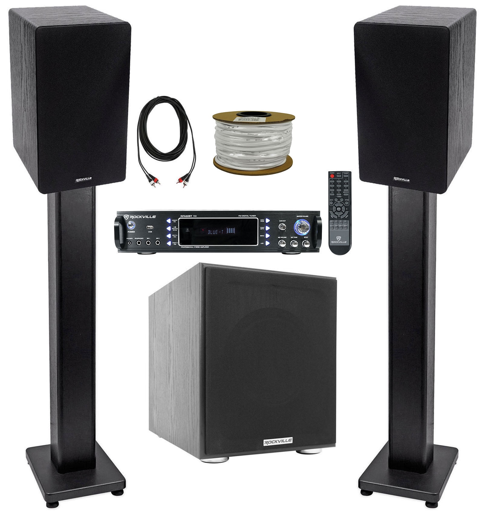 Rockville Bluetooth Receiver+(2) 6.5" Bookshelf Speakers+Stands+10" Subwoofer + Rockville R14GSBR100 Red/Blk 14 Gauge 100' Ft. Mini Spool Car Audio Speaker Wire