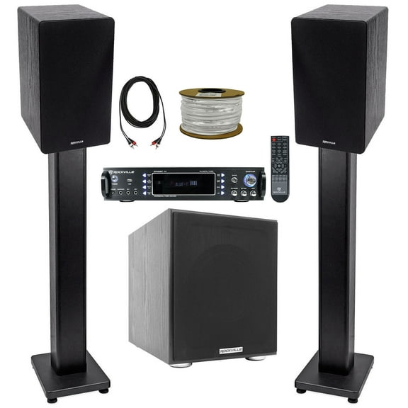 Rockville Bluetooth Receiver+(2) 6.5" Bookshelf Speakers+Stands+10" Subwoofer + Rockville R14GSBR100 Red/Blk 14 Gauge 100' Ft. Mini Spool Car Audio Speaker Wire