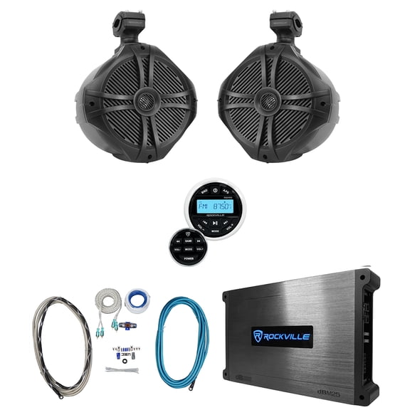 Rockville Bluetooth Receiver+8" Black Marine Wakeboard Tower Speakers+Amplifier