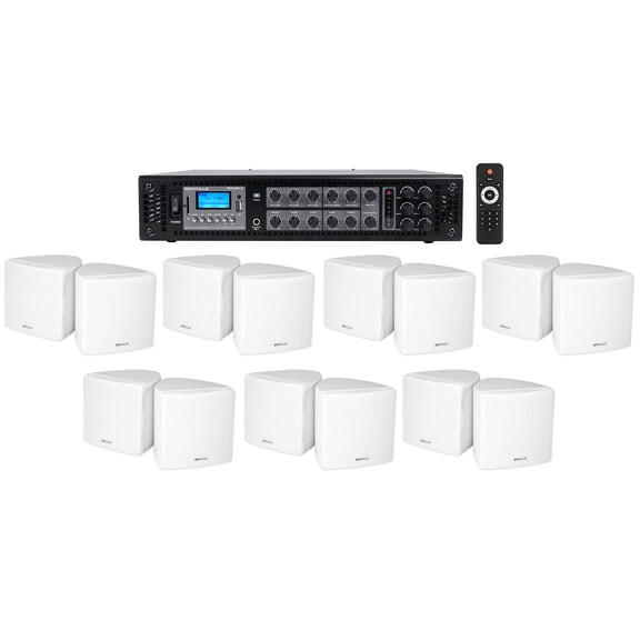 Rockville Commercial 6-Zone Bluetooth Amp+14 3.5" White Cube Restaurant Speakers