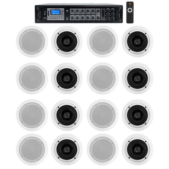 Rockville Commercial Amp+16) 5.25" 2-Way White Ceiling Speakers 4 Hotel/Office
