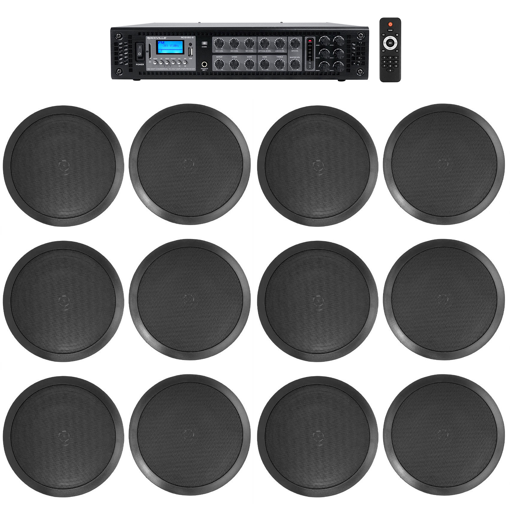 Rockville Commercial Receiver+(12) 8" 2Way Black Ceiling Speakers 4 Hotel/Office - image 1 of 5