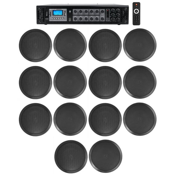 Rockville Commercial Receiver+(14) 8" 2Way Black Ceiling Speakers 4 Hotel/Office