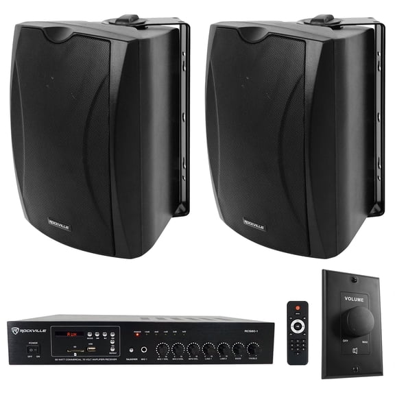 Rockville Commercial Restaurant Amp+2) Black 6.5" Wall Speakers+Wall Controller