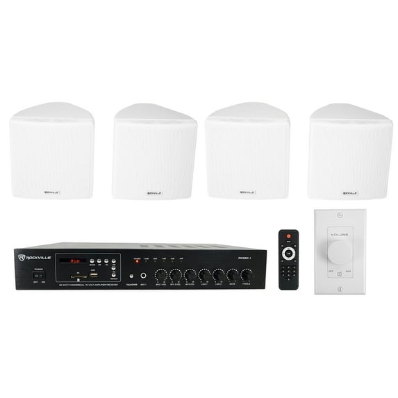 Rockville Commercial Restaurant Amp+(4) White 3.5" Cube Speakers+Wall Controller