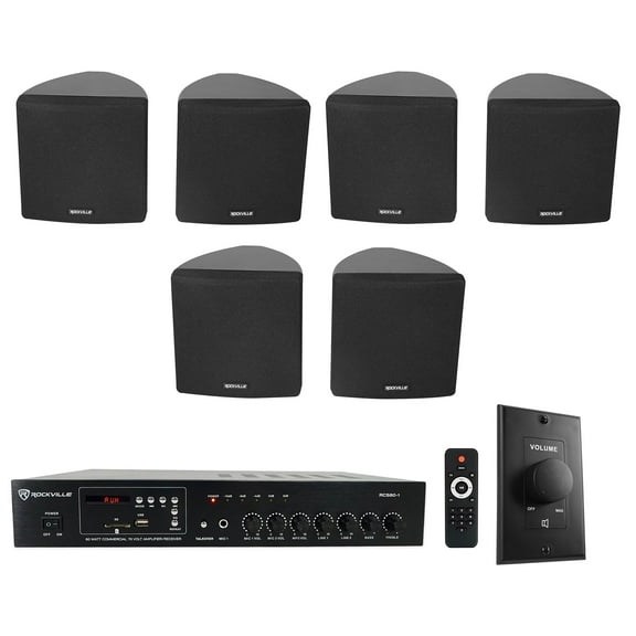 Rockville Commercial Restaurant Amp+(6) Black Slim Wall Speakers+Wall Controller