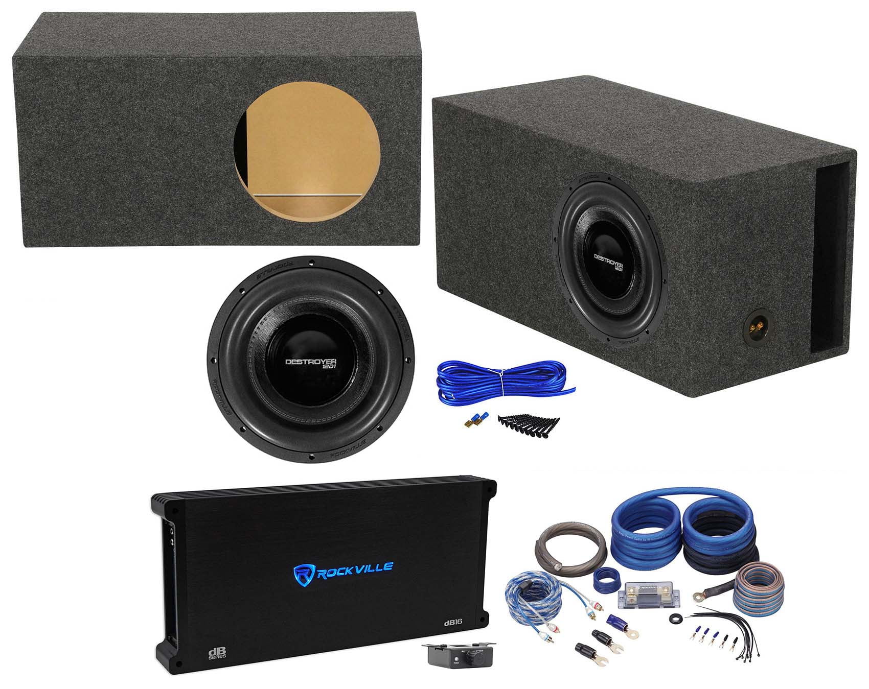 Rockville Destroyer 12D1 Bundle: 12 in Competition Car Subwoofer with USA Voice Coils, dB16 Mono Amplifier, RBS12 Single 12 in Vented Subwoofer Enclosure, RWK0CU 0 AWG Gauge Amp Kit, 5-items