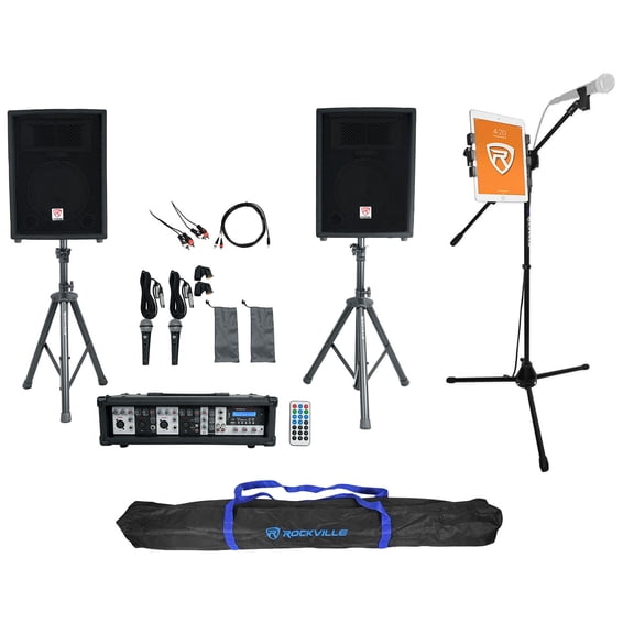 Rockville Dual 10" Karaoke Machine System w/Mixer+Mic Stand w/Tablet Mount+Bag