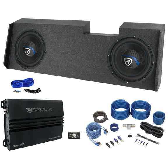 Rockville W10K5S2 Bundle: (2) 10-in 1200-Watt Peak/300-Watt RMS 2-Ohm Subwoofers, RVA-M2 Mono Amplifier, RWK41 4 Gauge Wiring Kit, Dual 10-in Sub Box for 2019-Current GM Crew Double Cab, 6-items