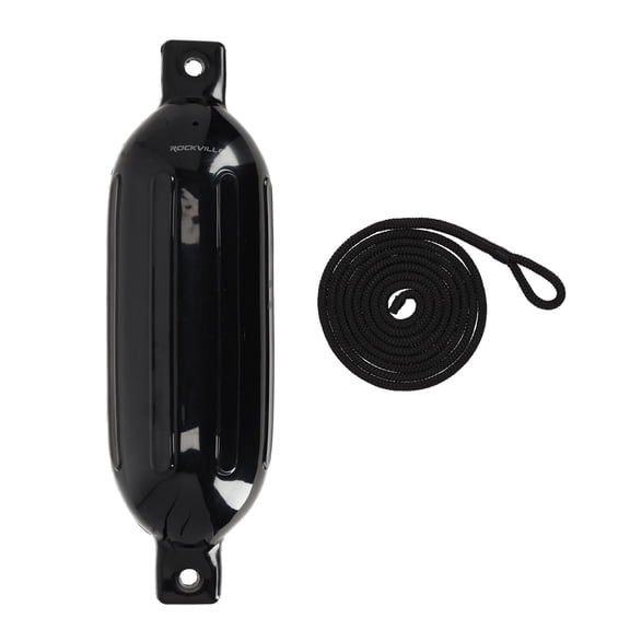 Rockville FEN165-BLACK 6.5in x 23in Boat Fender with 10ft Line, Marine Bumper, UV-Resistant PVC, Double Eyelets, Black, 26-32ft Boats
