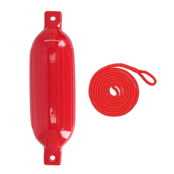 Rockville FEN165 UV-Resistant PVC Boat Fender Marine Bumper with 10 ft Line, 6.5 x 23 in, Red