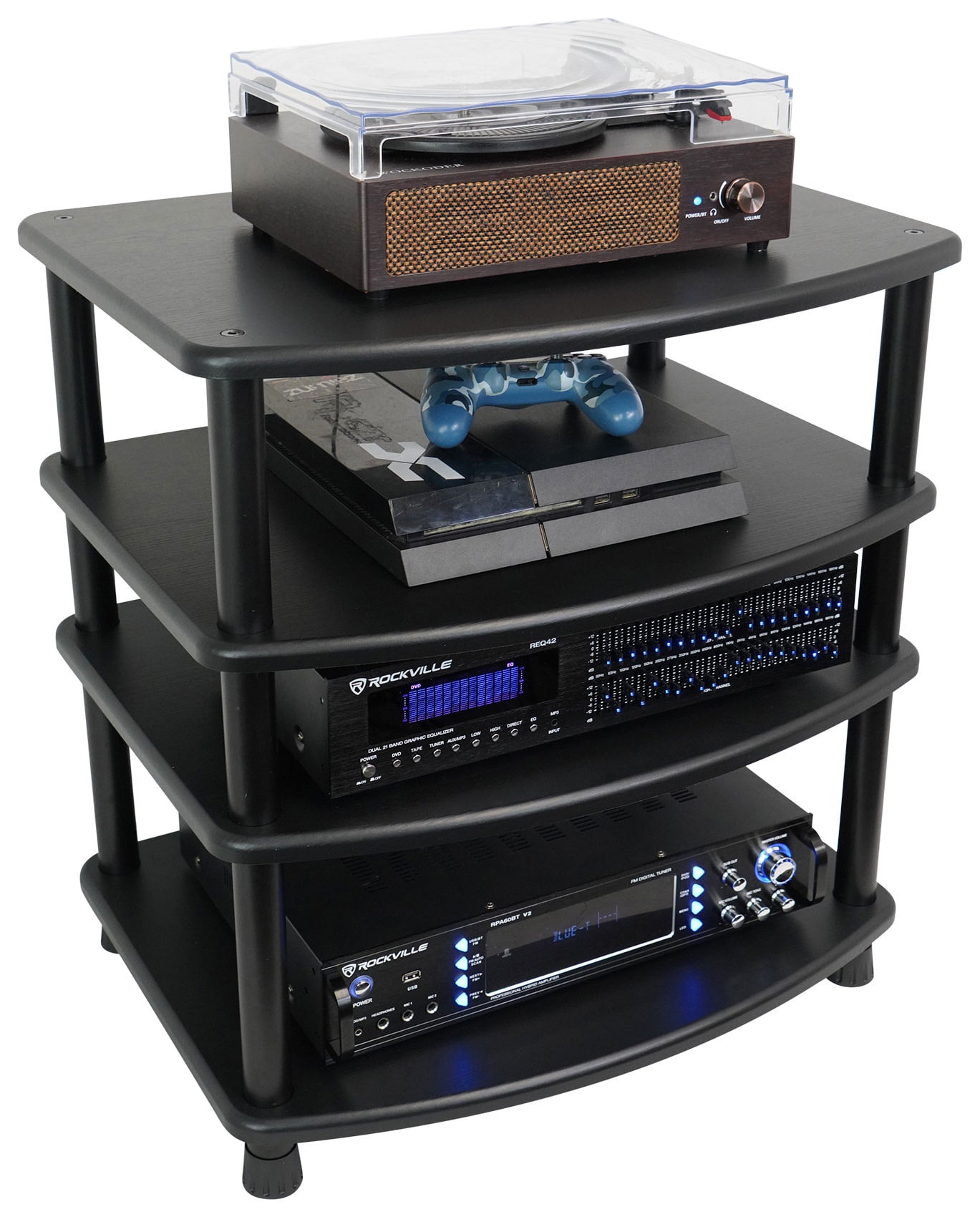 Black Adjustable Height 4 Shelf Steel Audio Rack Stand