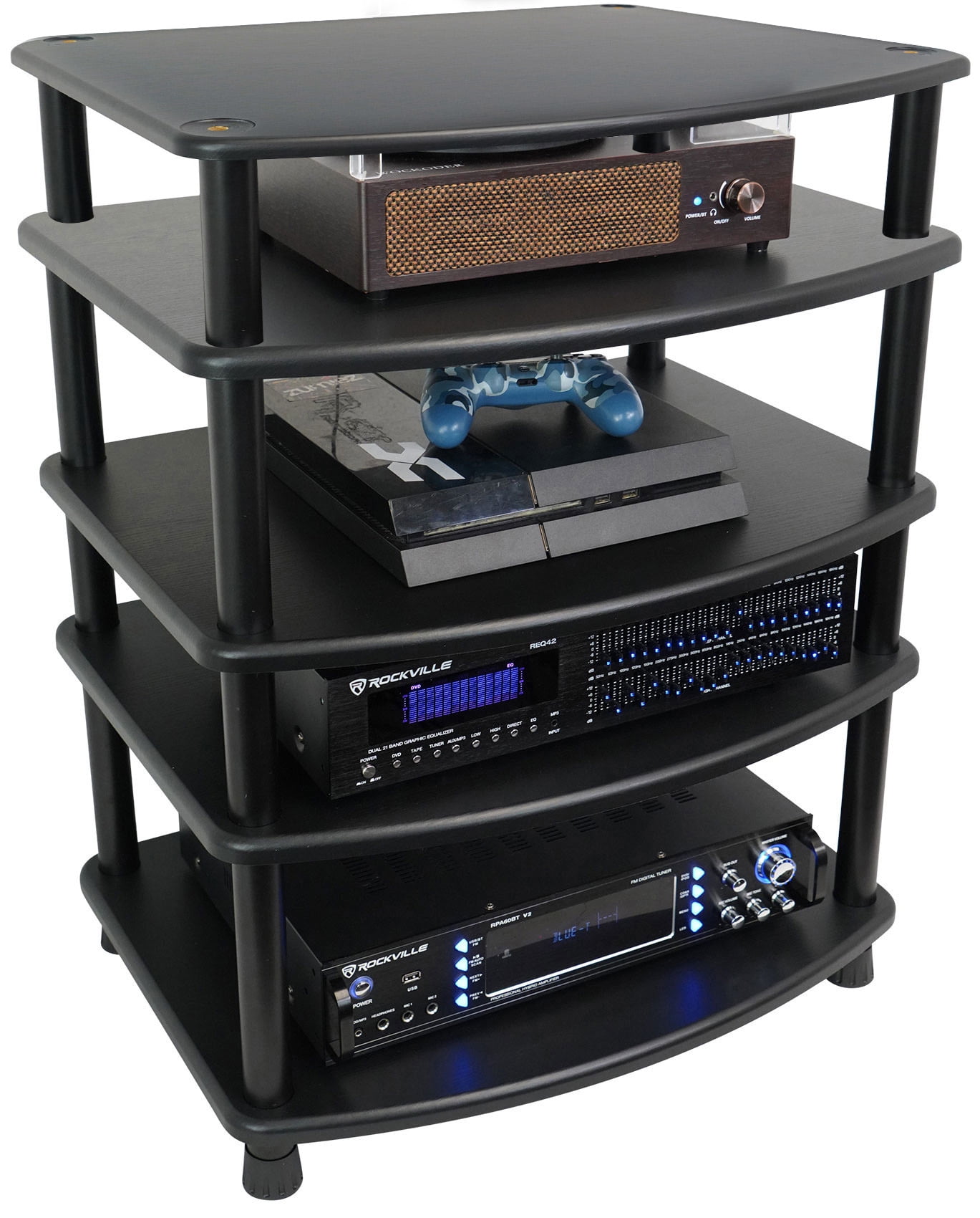 2 Rack Audio Stand Rockville FLX Black Bundle: 4 Shelf Adjustable Height Audio Rack Stand ...