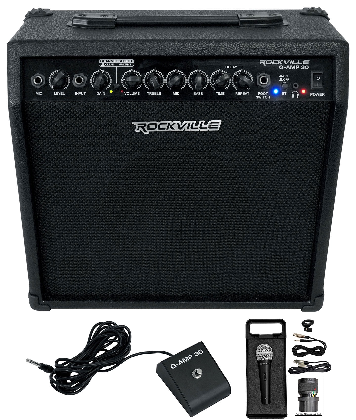 Rockville G-AMP 30 Watt Guitar Combo Amplifier Amp w/Bluetooth+Footswitch and Mic