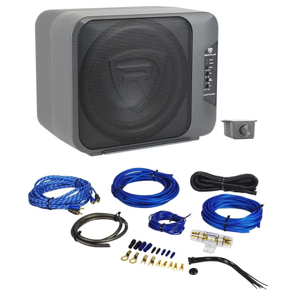 Rockville Ground Pounder Bundle: 800W Powered Dual 10.5" Car Subwoofer/Aluminum Enclosure, RWK81 8 Gauge Amp Kit, 2-items