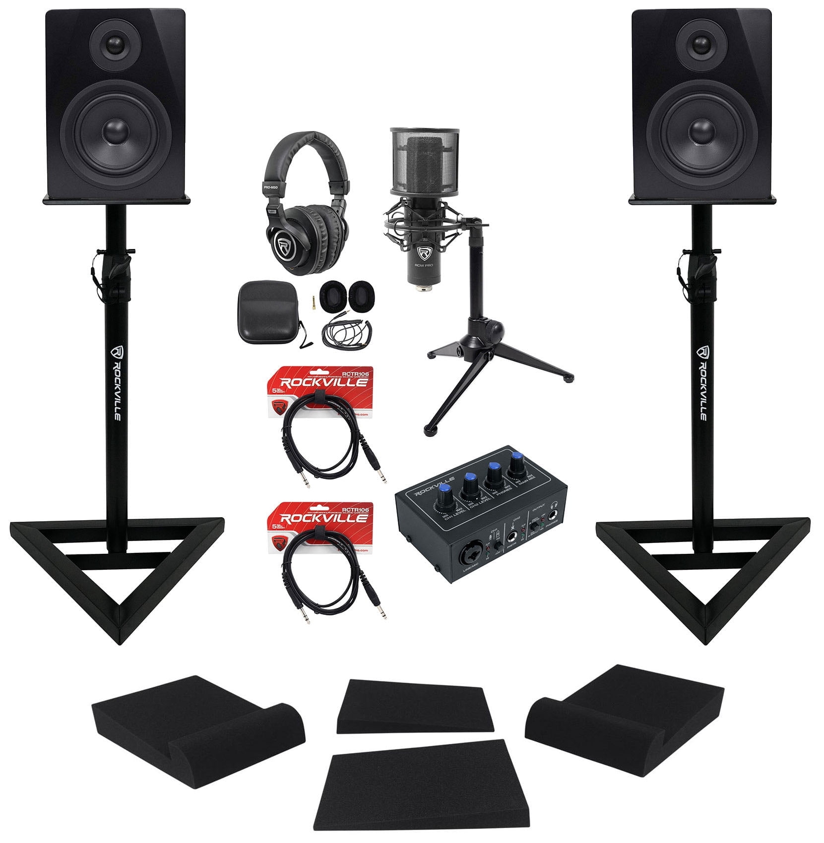Rockville Home Studio Bundle: ROCK-U MINI Interface, APM5B Monitors, RVSM1 Stands, Mic, Headphones, Shield Kit Pro, 6-items
