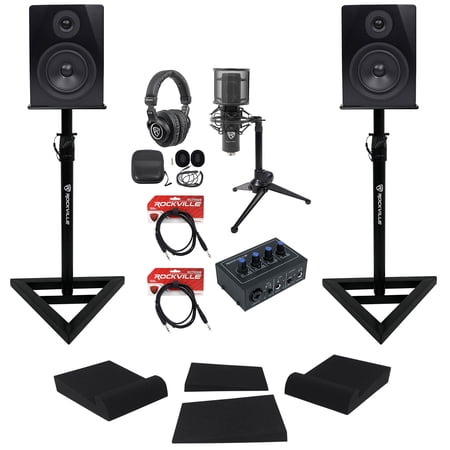 Rockville Home Studio Bundle: ROCK-U MINI Interface, APM5B Monitors, RVSM1 Stands, Mic, Headphones, Shield Kit Pro, 6-items
