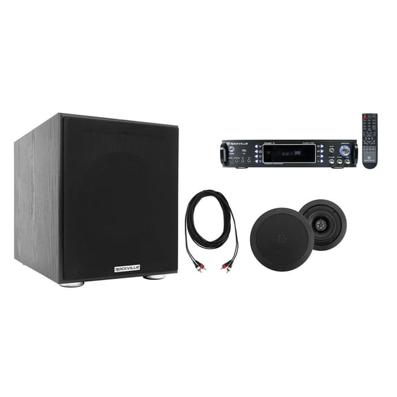Rockville Home Theater Bluetooth Receiver+2) 5.25" Black In-Ceiling Speakers+Sub