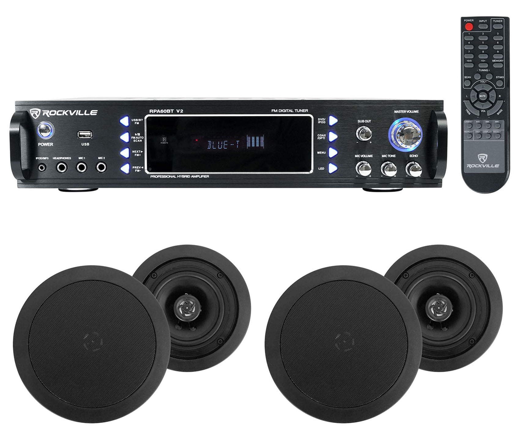 Rockville Home Theater Bluetooth Receiver+(4) 5.25" Black In-Ceiling Speakers