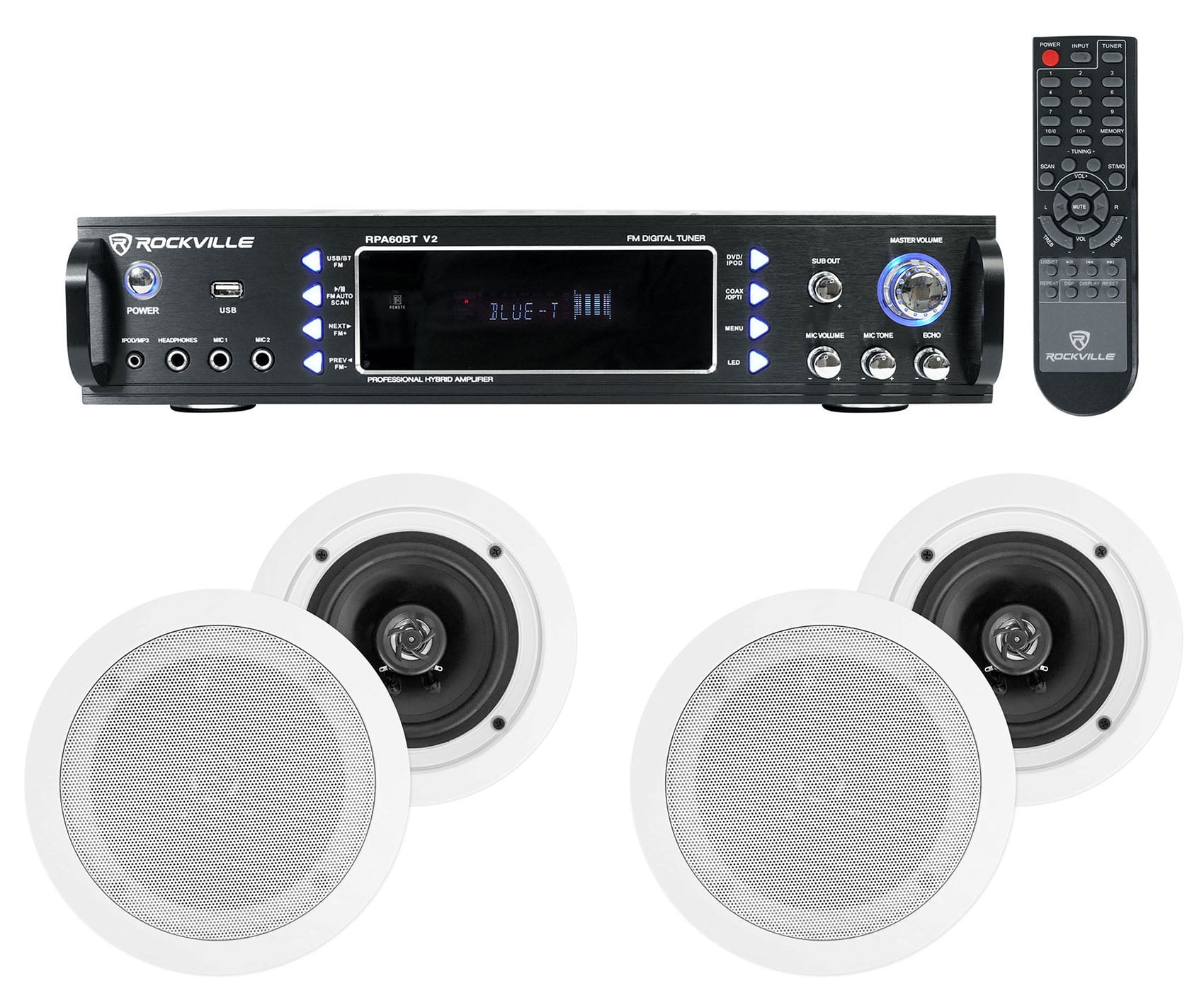 Rockville Home Theater Bluetooth Receiver+(4) 5.25" White In-Ceiling Speakers