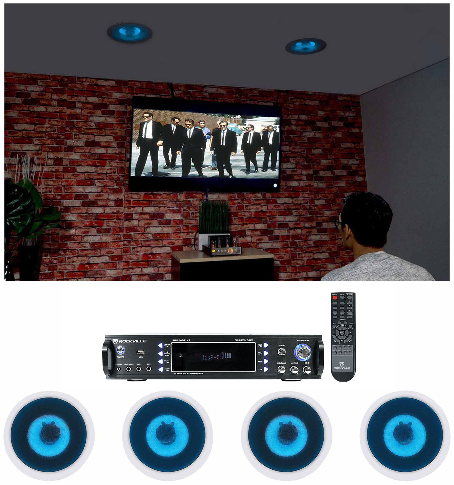 Rockville Home Theater Bluetooth Receiver+(4) In-Ceiling 8" Blue LED Speakers - image 1 of 12